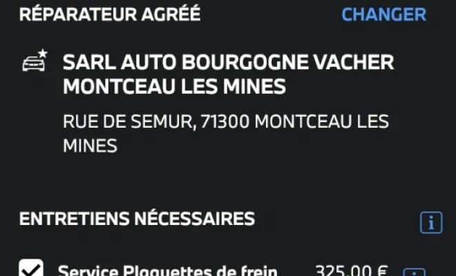 Etape 3 : Vérifiez bien que dans l'onglet "réparateur agréé" ce soit bien SARL AUTO BOURGOGNE VACHER qui soit renseigné. Puis sélectionner les travaux à réaliser sur votre véhicule.